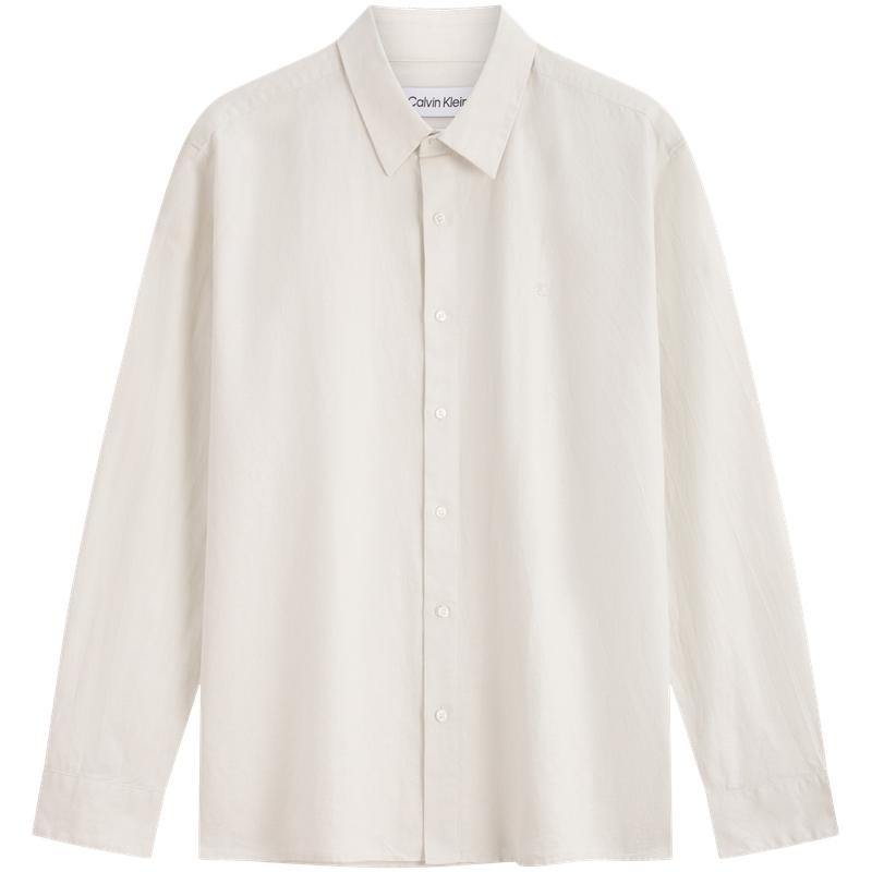Calvin Klein Simple White Summer Series Cotton Linen Blend Minimalist Embroidered Commuter Long Sleeve Shirt Men shirts 40BM104