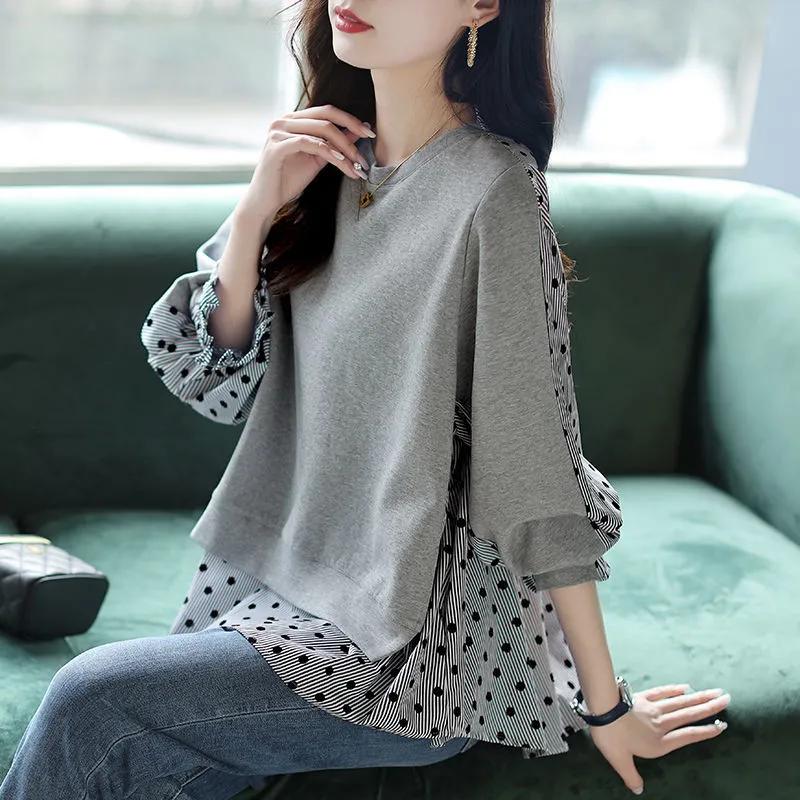 Spring and Autumn Sweatshirt Women Loose Casual Fake Two Piece Long Sleeve T-shirt Bottom Shirt Striped Polka Dot Comfortable Shirt Top