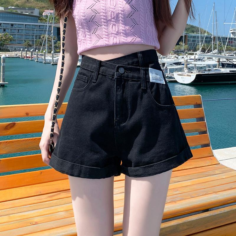 

Irregular Waist Everyday Wear Denim Shorts for Women s Small Summer New Style High-Waisted Slim A-line Wide Legs Breathable Fabric Practical Daily Use XXL чорний