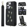 For iPhone 14 Pro Case Embroidered Tulips PU Leather Card Holder Back Cover with Shoulder Strap/Wrist Strap