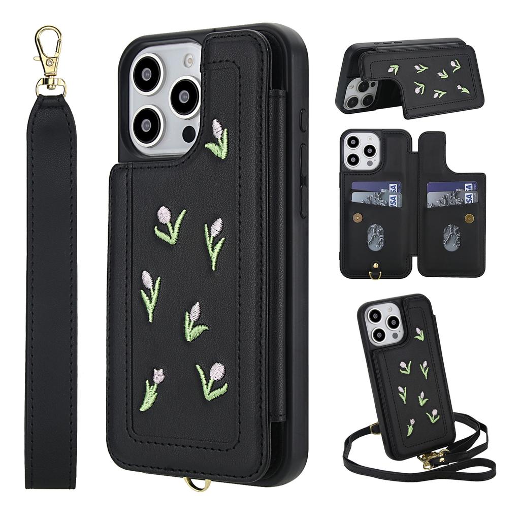 For iPhone 14 Pro Case Embroidered Tulips PU Leather Card Holder Back Cover with Shoulder Strap/Wrist Strap