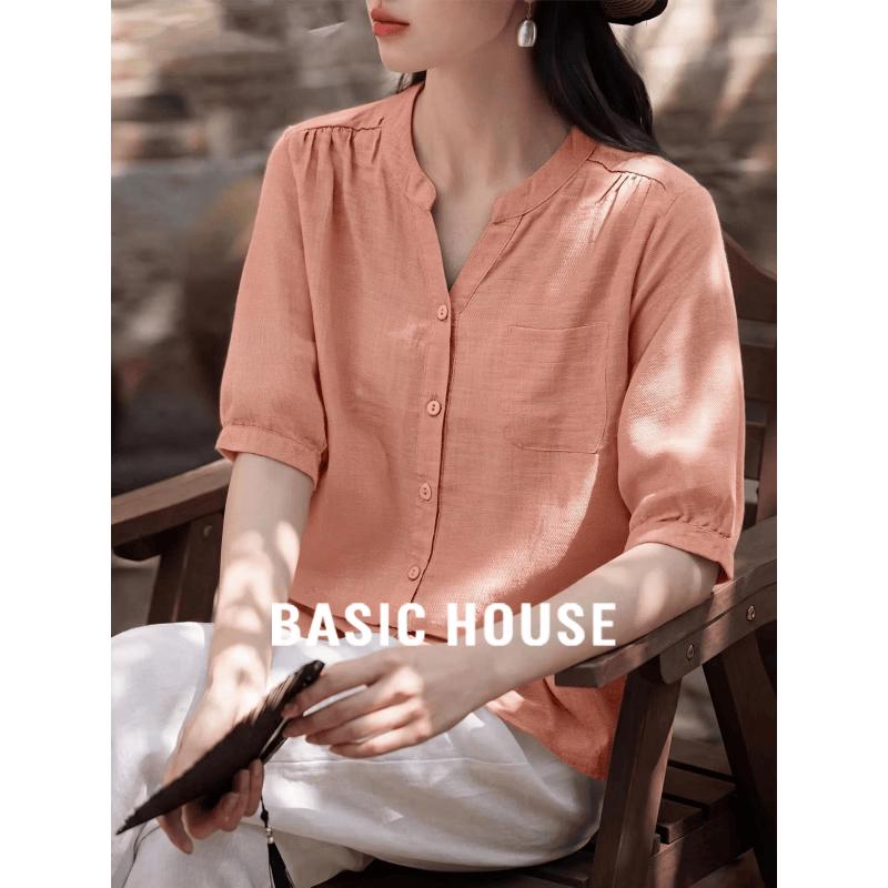 Basic House Women s Elegant 100% Ramie Short Sleeve Shirt L серый