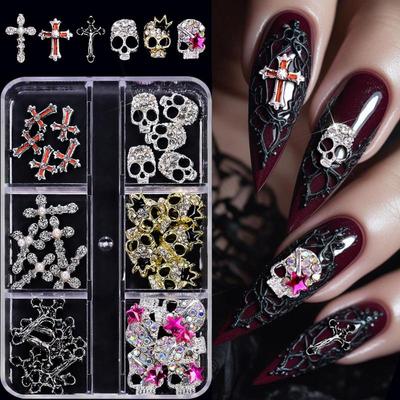 6Grid Halloween Punk Retro Alloy Cross Nail Charms Y2k Gothic Metal Skull Spider Nail Art Decorations Accessories DIY Nail Part