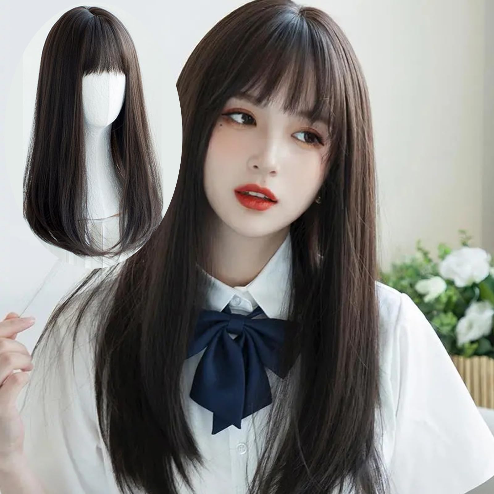 

Парик KOMORE, длинные черные волосы, прямой парик, двойной хвостик, косплей, переодевание, маленькое лицо, парик типа A для женщин (Темно-коричневый, А)