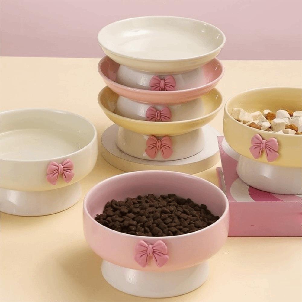 Large Capacity Ceramic Cat Bowl Non-Slip Base Macaron Colors Elevated Pet Bowl with Bow Pet Feeding Bowl Pet Feeding Drinking