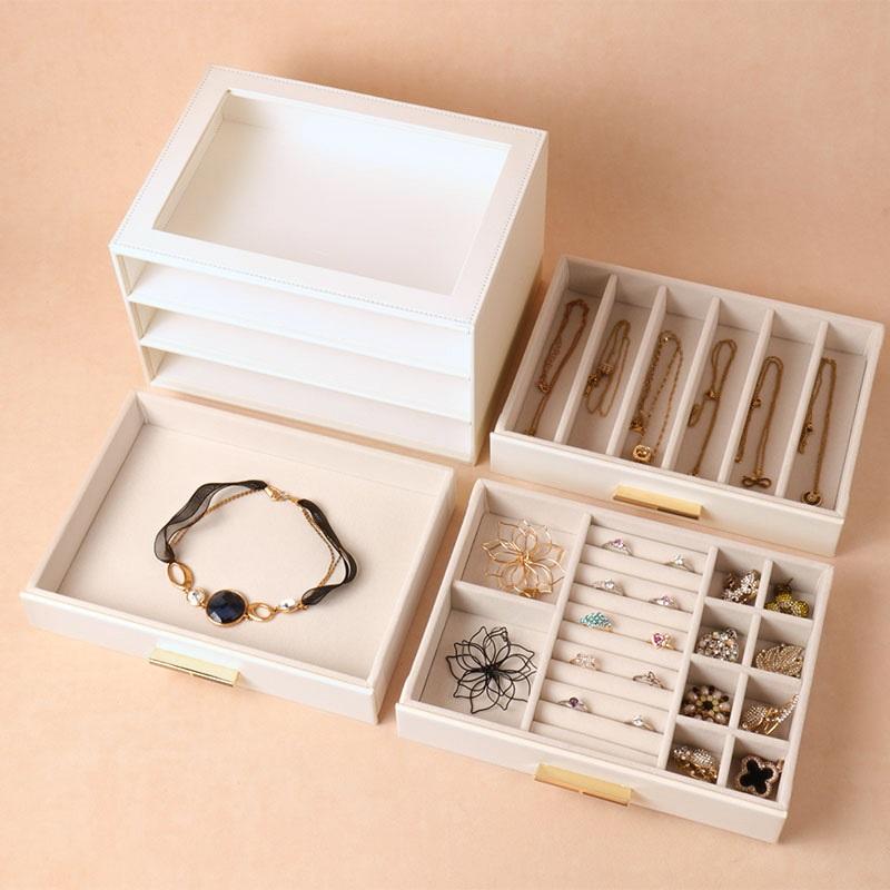 3-Layer Drawer Jewelry Box With Glass Lid, PU Leather Large Capacity Jewelry Organizer Storage Case For Earrings, Necklaces, Rings, Bracelets