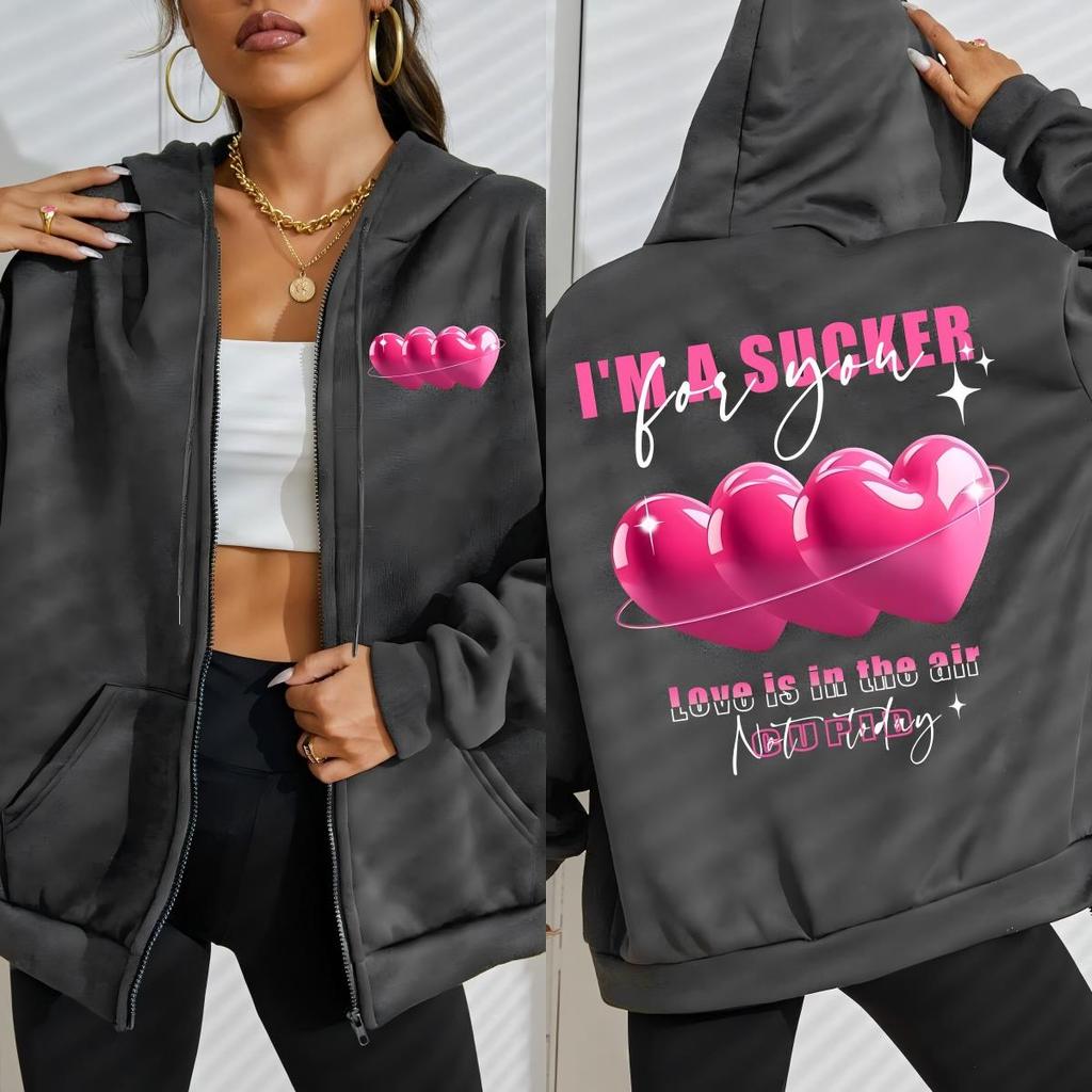 Love Is In The Air Pink Heart Prints Woman Zipper Hoody Casual Comfortable Sportswear Korean Hoodie Autumn Clothing