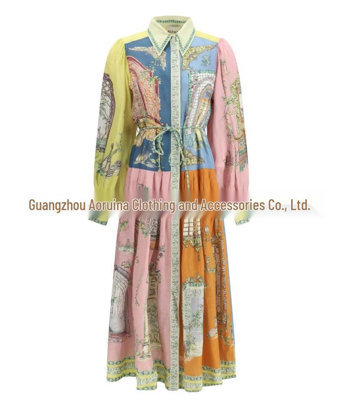 Spring Abstract Artist High Collar Lantern Sleeve Dress for Women