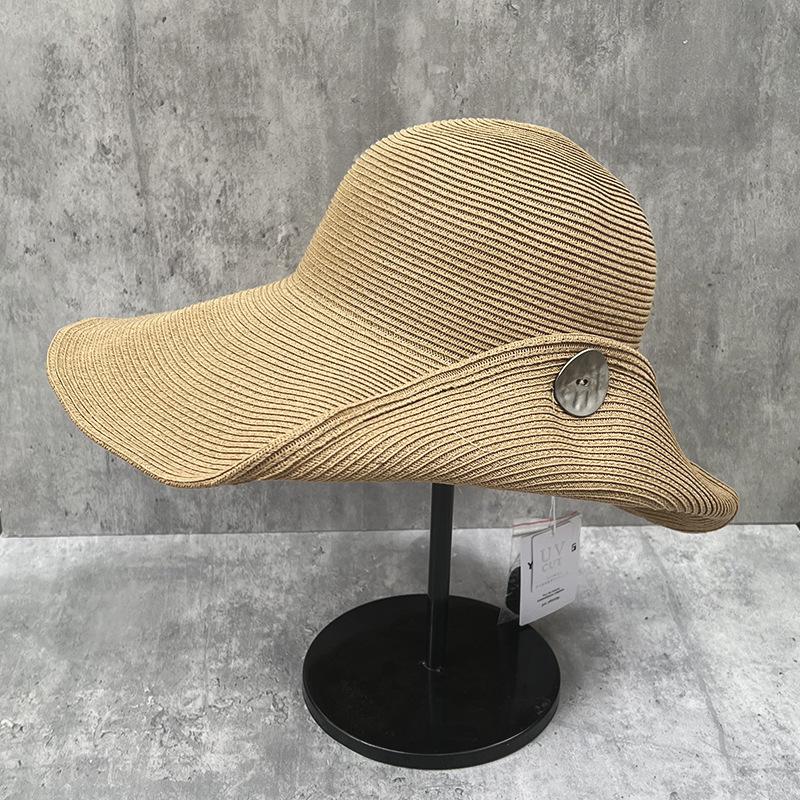Flip Button Big Brim Sun Protection Straw Hat Women'S Summer Versatile Travel Visor Seaside Vacation Sun Hat
