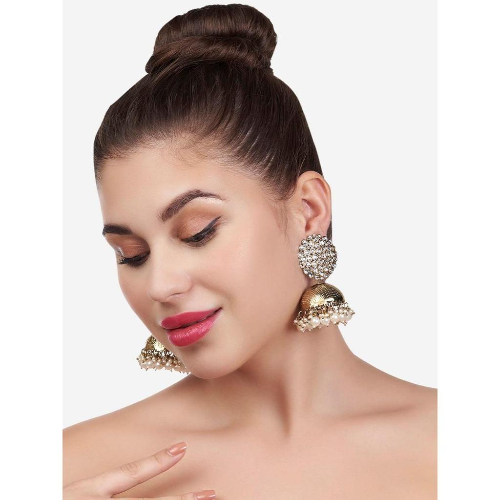 Antique Gold Tone Kundan Embellished Jhumki Earring For Women