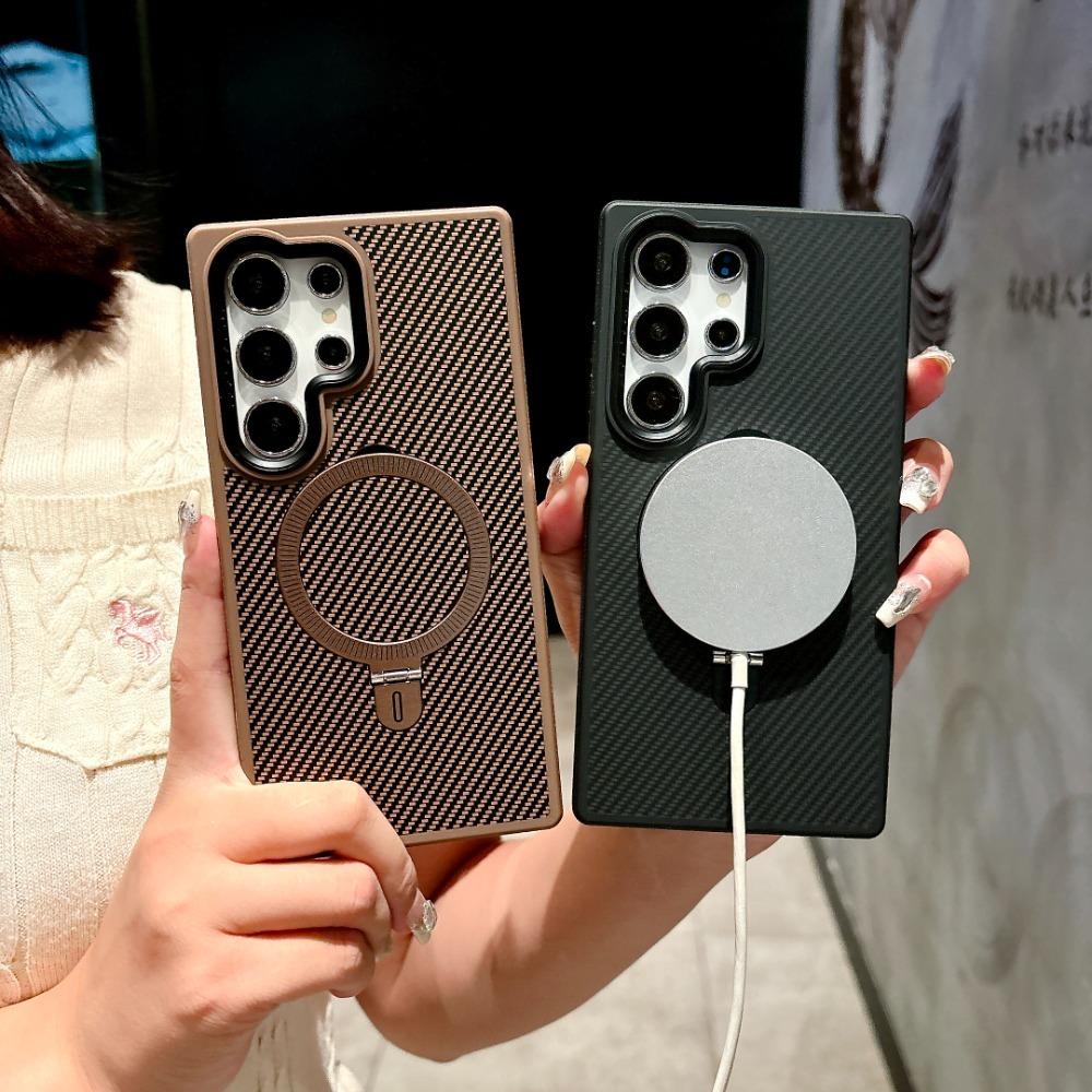Carcasă telefon magnetică din piele cu fibră de carbon pentru S24 Ultra, cu suport inel, pentru Samsung Galaxy S24 Ultra, carcasă dură din plastic