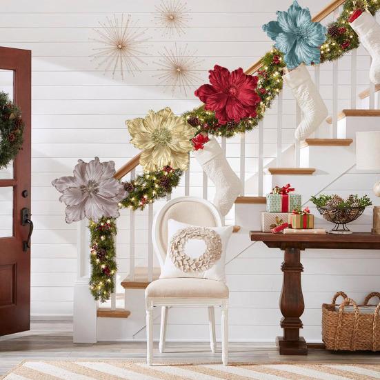 Artificial Christmas Flowers Large Glitter Magnolia Decoration Sparkling Xmas Tree Ornaments Wreath Garland Home Party Decor DIY Crafts