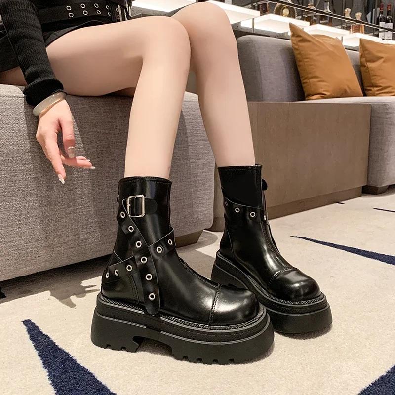 Fashion 2024 High Quality Ladies Shoes Back Zip Women's Boots Fashion Belt Buckle Office and Career New Round Toe Solid Mid-Calf Boots