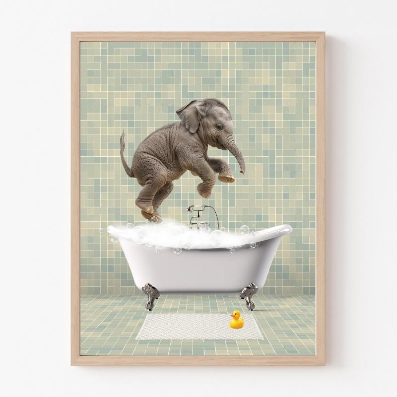 Animal in Vintage Bathtub Elephant Panda Penguin Colorful Posters and Prints Canvas Printing Wall Art Picture for Bathroom Decor