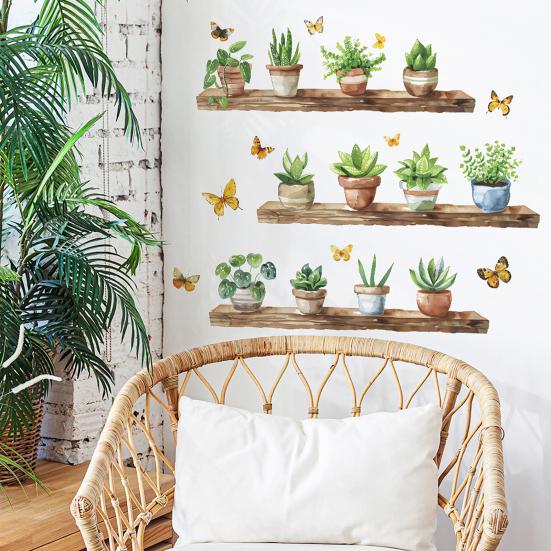 Potted Cactus Shelf Wall Sticker Removable Waterproof PVC Self-adhesive Home Office Living Room Kids Bedroom Green Plant Wall Art Decoration Decal