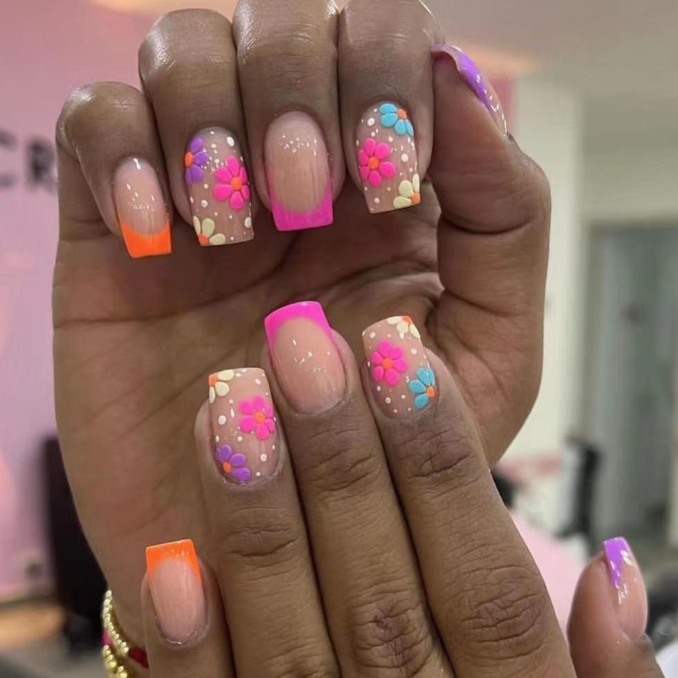 

Glossy Colorful Spring Flower False Nails - 24 Nail Art Stickers