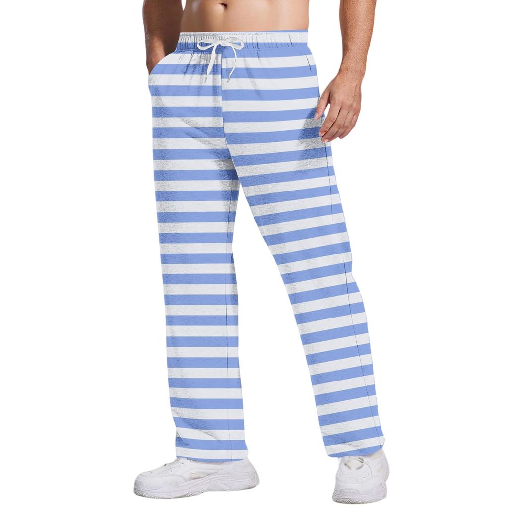 Men's Casual Pants With Pockets | Stripe Checkered Printed, Loose Straight Leg, Elastic Waist With Drawstring For Daily & Casual Wear
