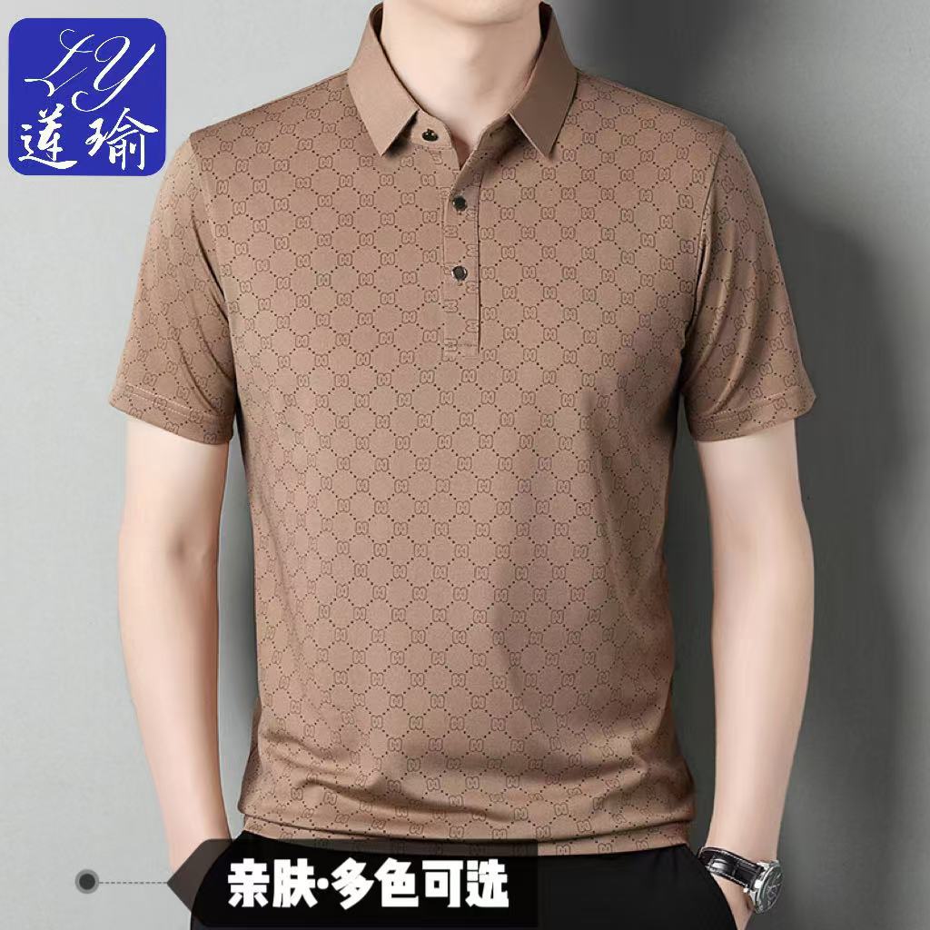 

Летняя тонкая мужская рубашка-поло из ледяного шелка, свободная, однотонная, повседневная футболка с коротким рукавом для среднего возраста 4XL кофейный