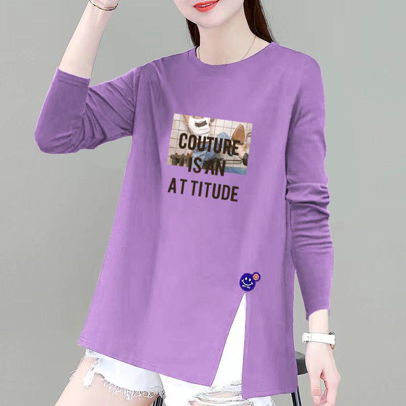 

100% Pure Cotton Women s Long Sleeve T-shirt, Korean Style, Loose, Slimming, Plus Size, Versatile - Autumn 2025 L (100-115 lbs recommended)