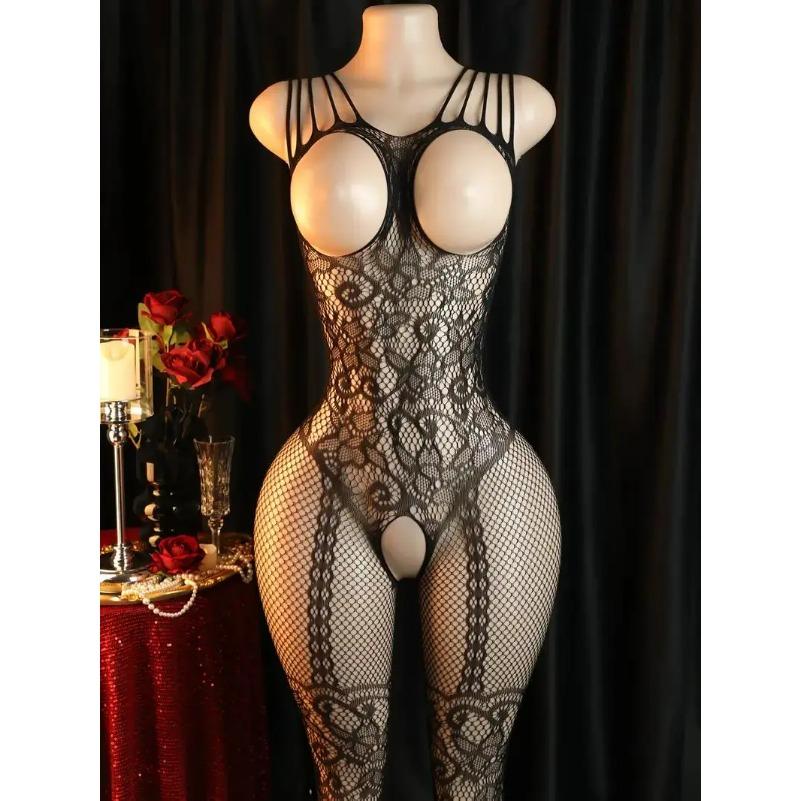 Sheer Floral Jacquard Fishnet Bodysuits - High Stretch, Open Chest, Women Sexy Lingerie Crotchless Bodystockings Babydoll Dress