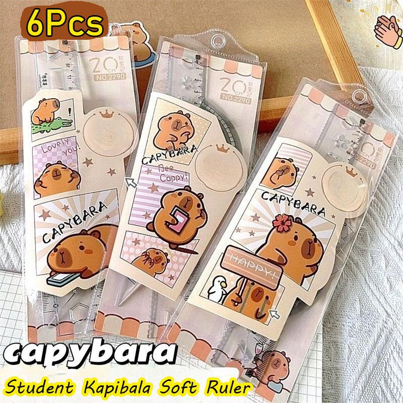 6Pcs New Plastic Ruler Cartoon Stationery Capybara Ruler Set Gift Transparent Drawing Ruler Cute Cartoon Straight Ruler Standard Measuring Tool