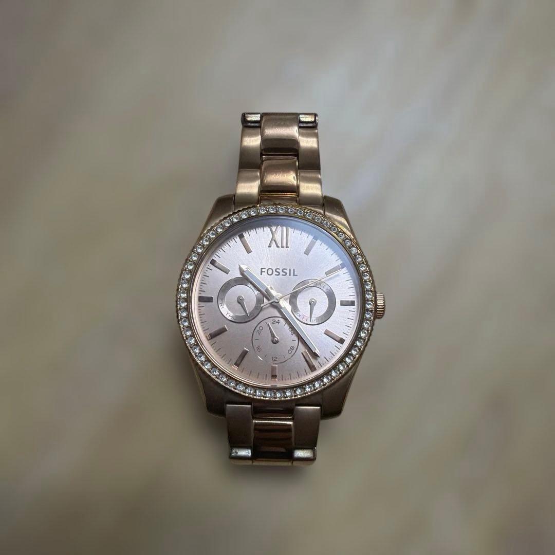 Used FOSSIL watch pink gold rhinestone