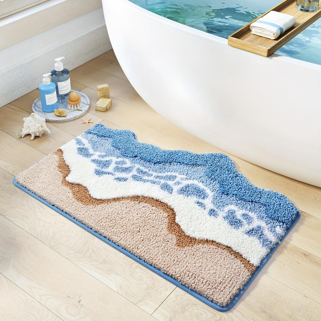 1pc Dajang Plush Bath Mat - Non-Slip, Absorbent, Machine Washable Polyester Bath Mat with Ocean Wave Design, Blue & White,Perfect for Bathroom,Toilet