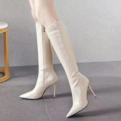 Stivali moda 2025 a punta, a tacco alto sottile, stivali aderenti alla gamba per donna, europei e americani, alti al ginocchio, in pelle lucida