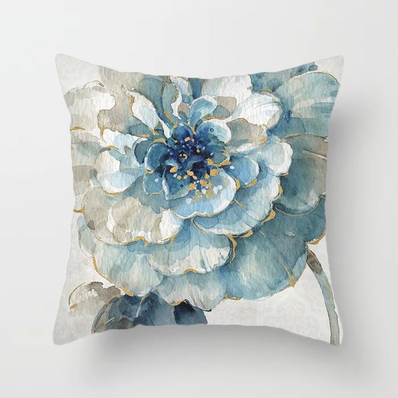Blue flower and bird printed polyester square cushion cover for home living room sofa office decoration waist cushion pillowcase