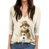 Women's Fashion Casual V Neck 3/4 Sleeve Loose  Printed T-Shirt Ladies Top