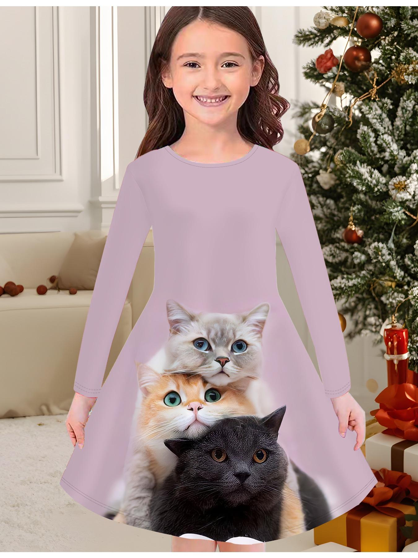 

Модное осенне-зимнее платье для девочек, милый 3D принт с котенком, круглая горловина, длинное детское платье-футболка, повседневное универсальное, рождественская одежда 170 розовый