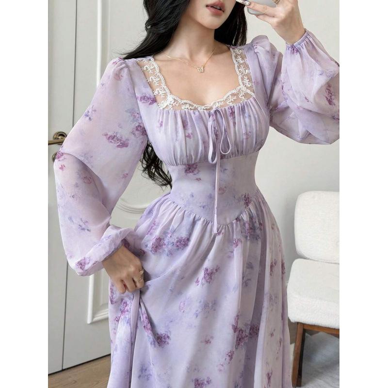 European new elegant lace splicing flower printing long-sleeved square neck lace-up long dress S