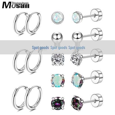 Stainless Steel Zircon Stud & Round Wire Earrings Set with Vacuum Electroplating Finish