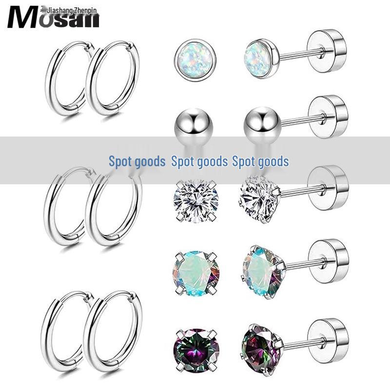 Набор серьг-гвоздиков с цирконами и серьг-колец из нержавеющей стали с вакуумным гальваническим покрытием