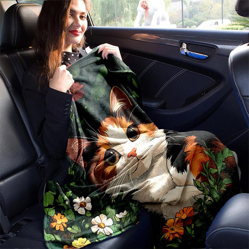 1pc Orange Cat & Flower Theme Blanket Soft Warm Bedding Throw for Room Decor, Living Room, Travel, Camping, Car Blankets