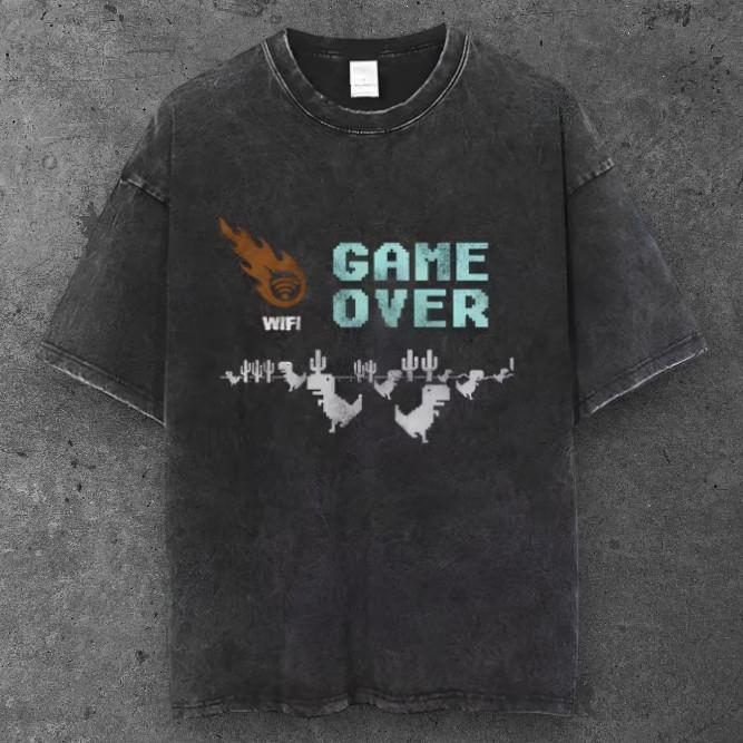 Unisex Pixel Dino Game Over Oversized T Shirt Washed Black Y2K Streetwear S-3XL S разноцветный