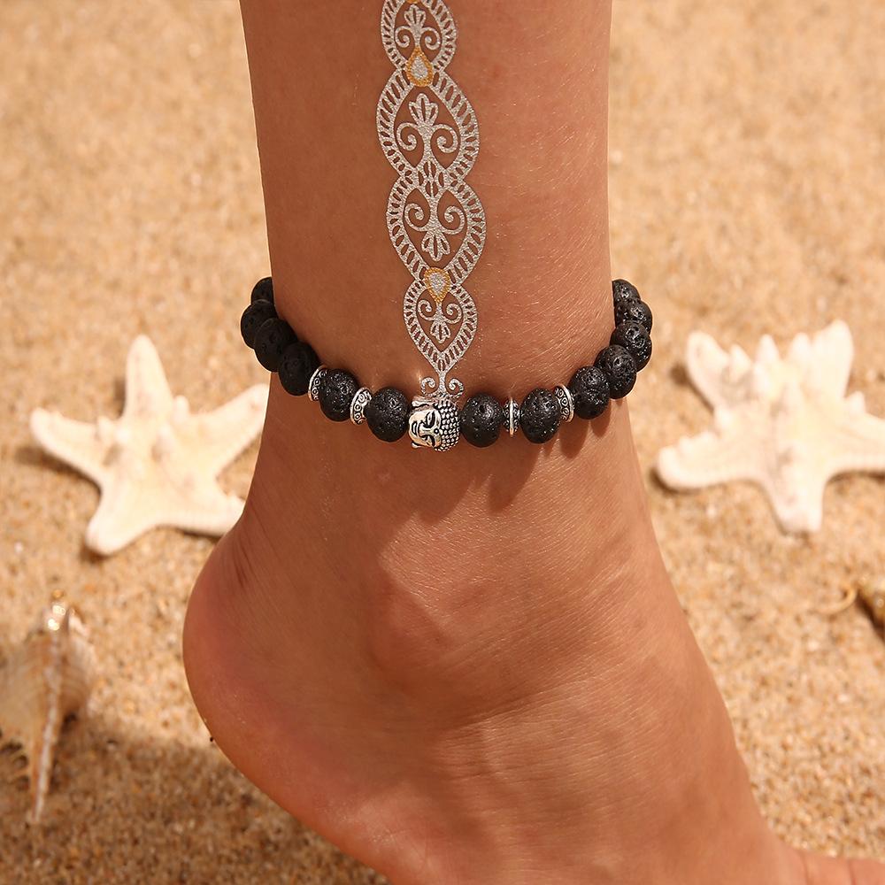 Bohemian Retro Wax Rope Mixed Color Woven Turquoise Sunflower Handmade String Mixed Color Rice Bead Multi-Layer Anklet