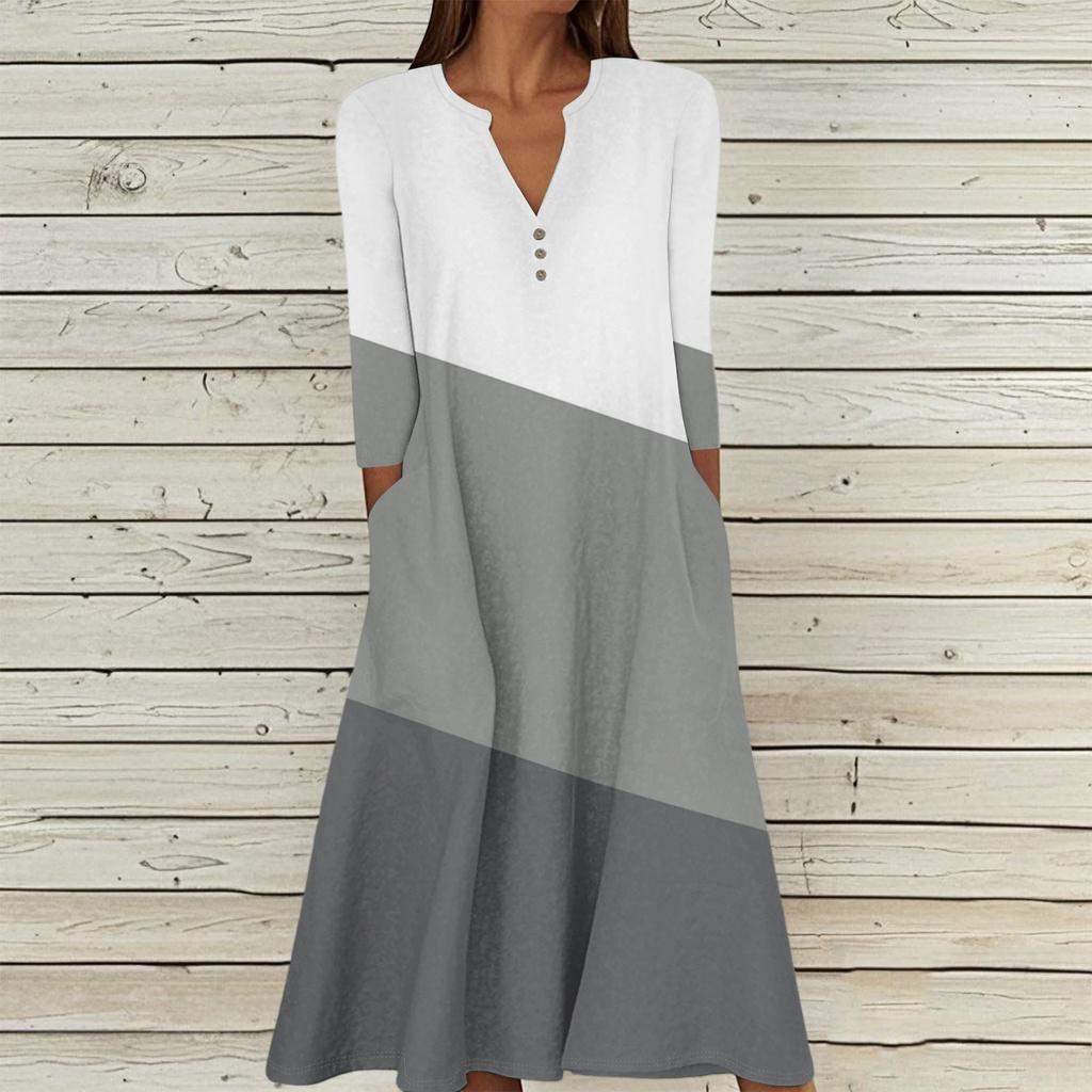 Women's Summer Casual V-Neck Button Retro Polka Dot Print Three-quarter Sleeve Long Dress With Pockets