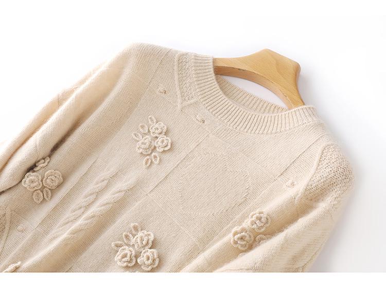 Women's Autumn Winter Wool Crochet Sweater - Casual Embroidered Round Neck Loose Knitwear