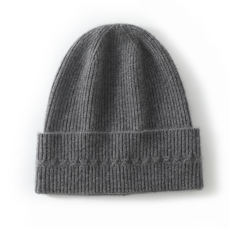 Women's Cashmere Solid Color Knitted Hat - Winter Warm Dome with Ear Protection.