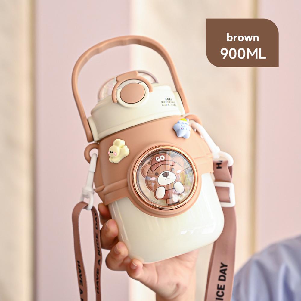 900ML Kinderwasserflaschen für Mädchen Große Kapazität Kunststoff Kinderwasserflasche mit Strohhalm für Schule Outdoor Reise Wasserbecher