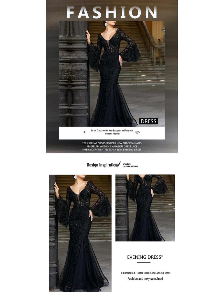 Elegant 2025 Black Lace Embroidered Fishtail Evening Dress for Women