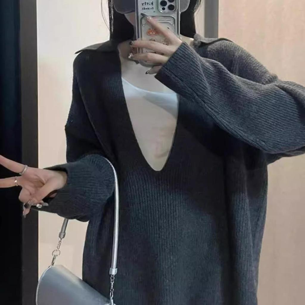 Women's Relaxed V-neck Sweater & Shorts Set - Autumn/Winter Casual Knit Two-piece