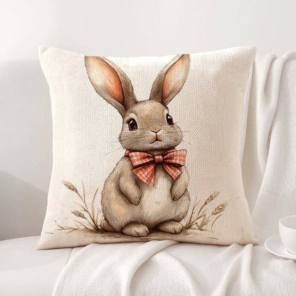 Retro Easter Bunny Cushion Cover Natural Linen Organic Fabric DoubleSided Printing Sofa Home Decor Gift Pillow Cover