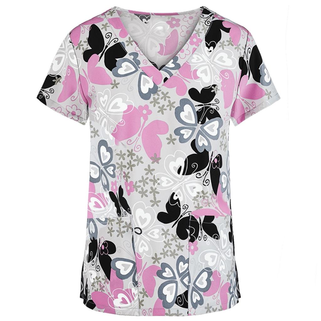 Women Printed Short Sleeve Nurse Scrub Top V Neck Medical Uniform Shirt with Pockets Comfortable Fit Workwear for Healthcare Professionals