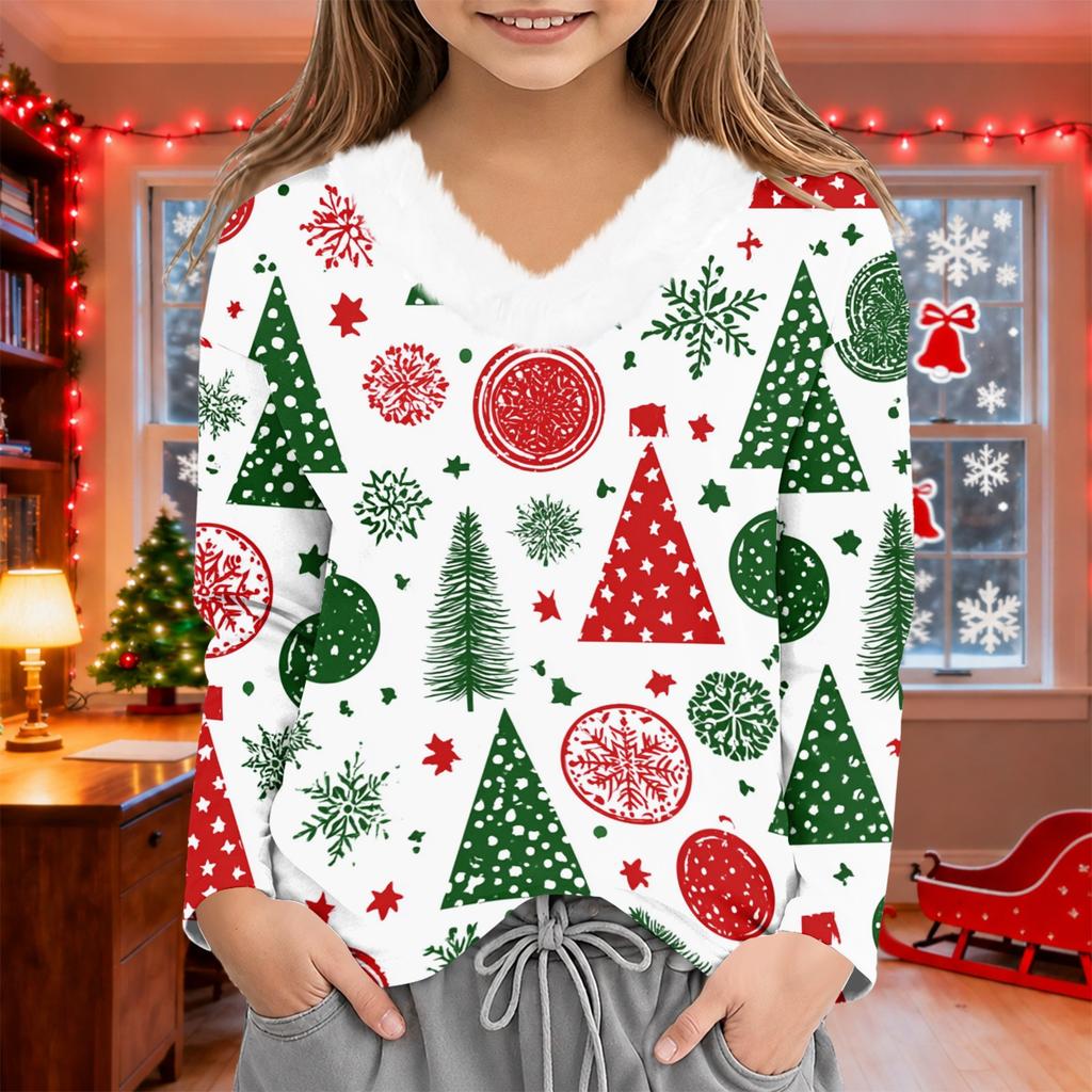 Girls' V-Neck Christmas Print Long Sleeve Top Winter Layering Tee