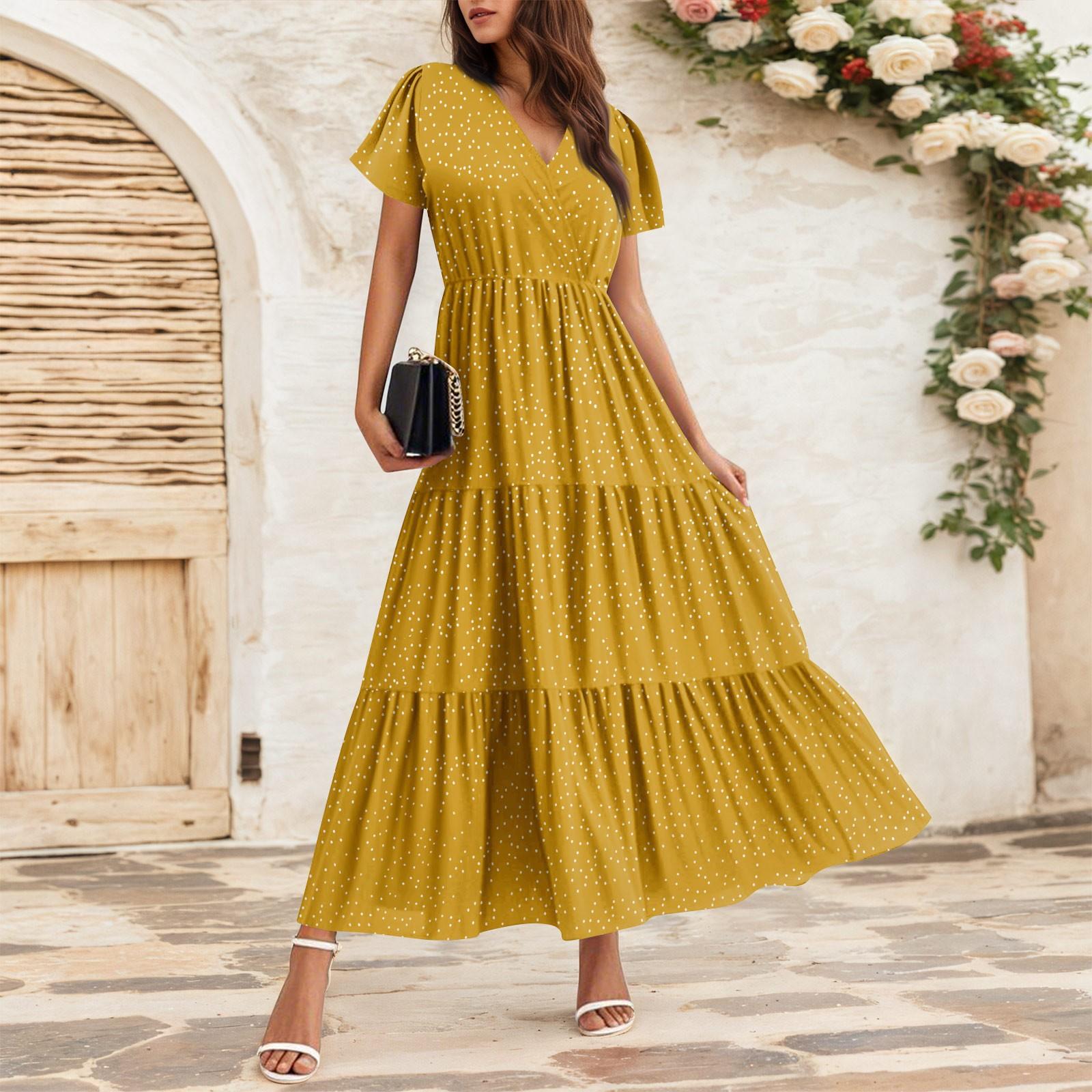 

Женские струящиеся платья Женские летние платья Повседневные платья макси с коротким рукавом Официальные платья макси XL жёлтый