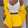 Women's Loose Fit Three Piece Loungewear Long Sleeve Fuzzy Cardigan V Neck Tank Drawstring Waist Shorts Winter Solid Tracksuit