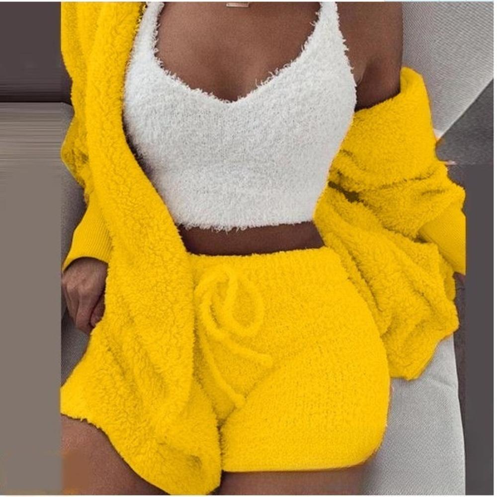 Women's Loose Fit Three Piece Loungewear Long Sleeve Fuzzy Cardigan V Neck Tank Drawstring Waist Shorts Winter Solid Tracksuit