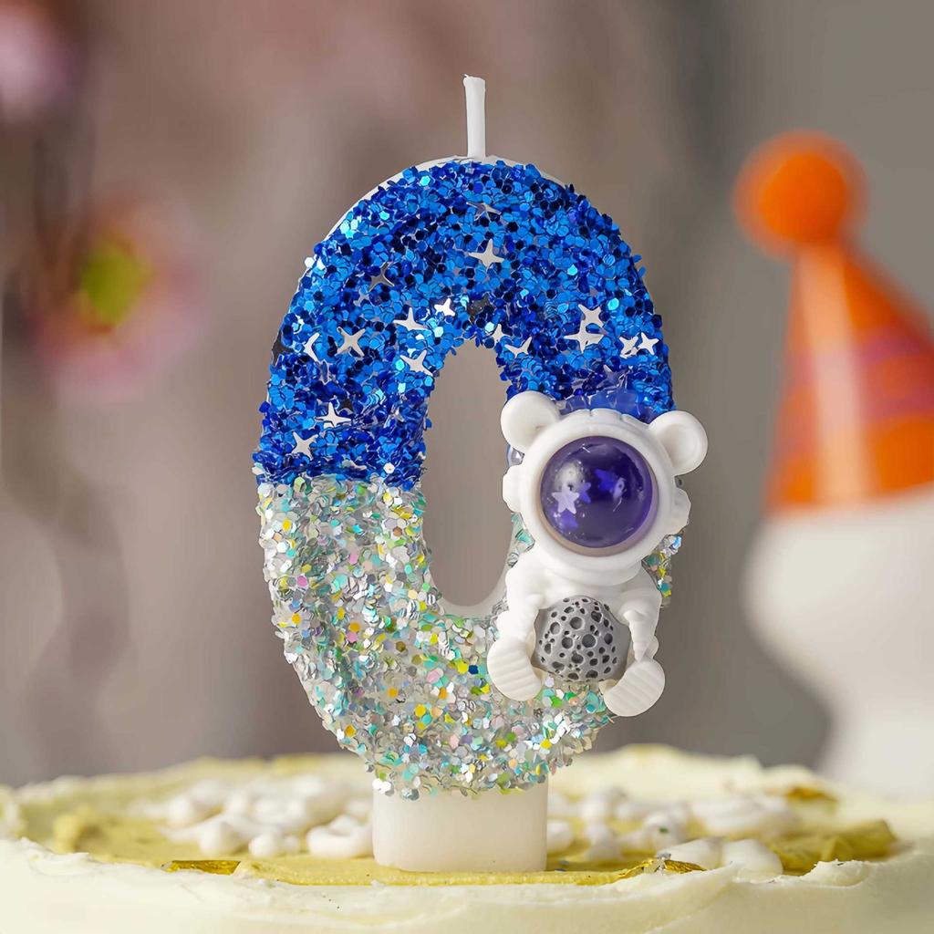 Number Zero Candle with Astronaut Design Glitter Birthday Cake Decoration for Kids Baking Party Supplies 0-9 Digit Candles Set
